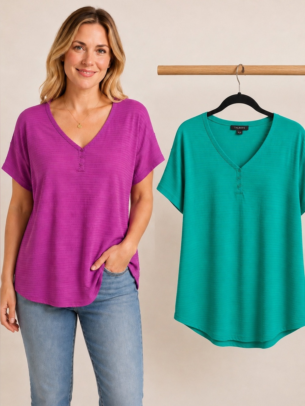 Talbots Textured Henley Knit Tops Bundle of Two XL Purple & Turquoise Minimalist